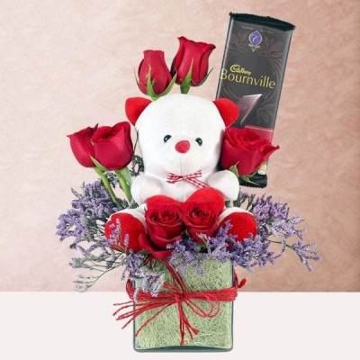 Vase Of Teddy With Red Roses And Bournville Chocolate Profile Picture